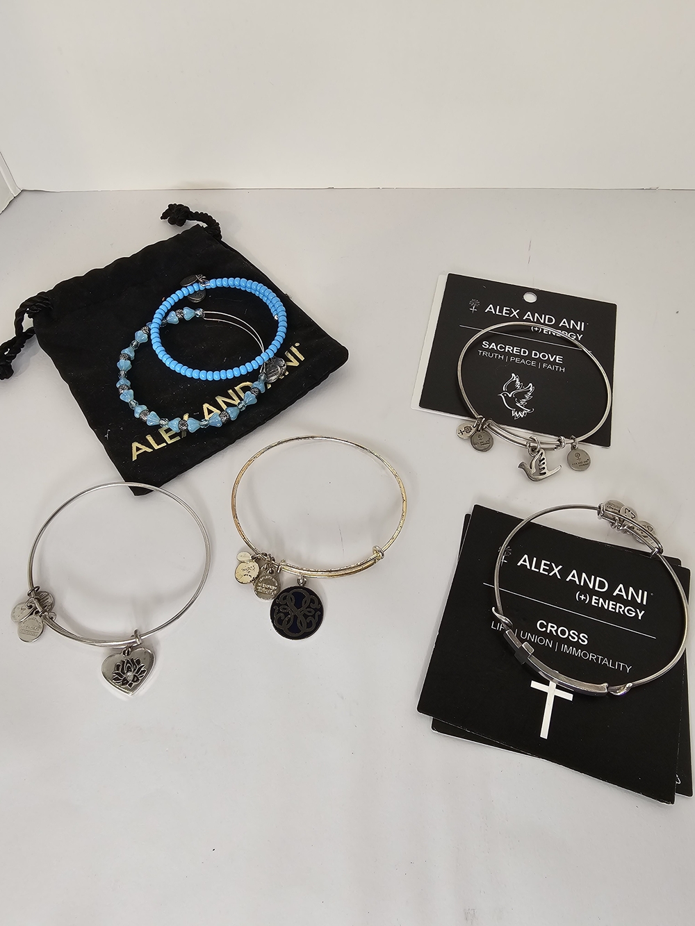 Alex and Ani Bracelet Lot of 6 Sacred Dove Cross Lotus Peace Petals Blue Beaded